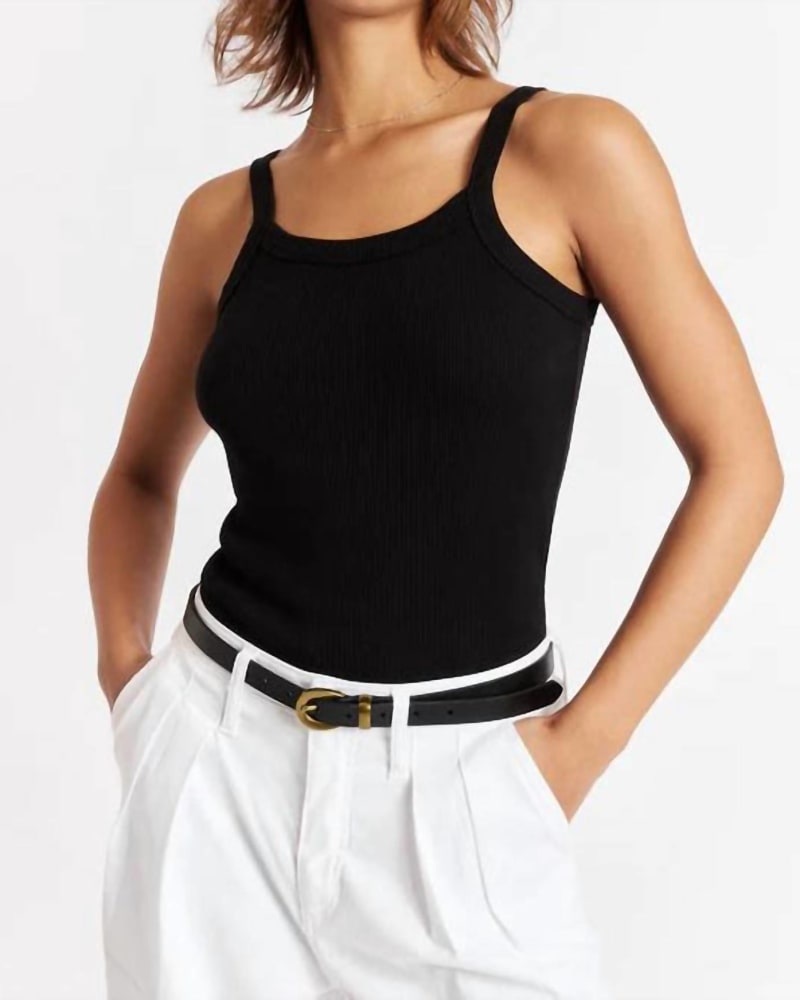 Front of a model wearing a size L Sinewy Tank in Black in Black by AMO. | dia_product_style_image_id:343339